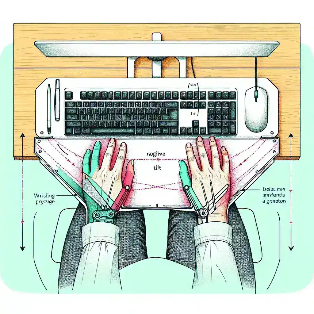 How do ergonomic keyboard trays with negative tilt reduce wrist strain?
