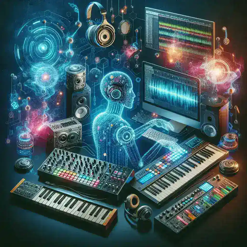 "AI-generated music production tools transforming the creative music industry with innovative software and user-friendly interfaces, showcasing artists collaborating with advanced technology."
