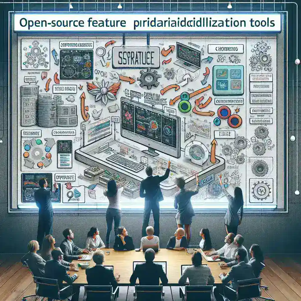 "Open-source feature prioritization tools interface displayed on a laptop screen, illustrating strategic product development processes in a comprehensive guide."
